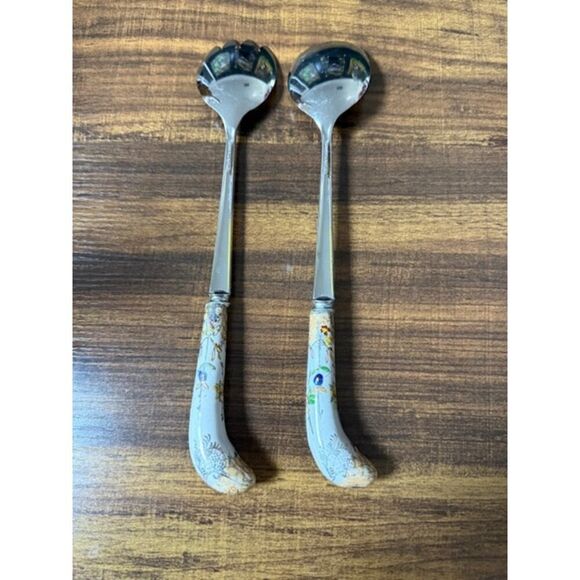Vintage Sheffield England 2-Piece Salad Set Porcelain Floral Handles - Picture 2 of 4